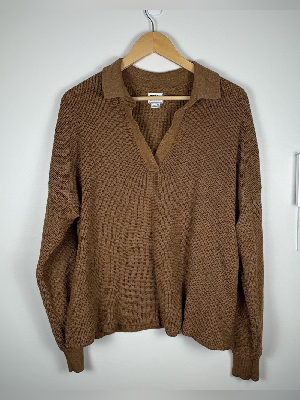 Eddie Bauer Women’s Collar Polo Sweater Dark Camel Brown Waffle Knit Size 2XL